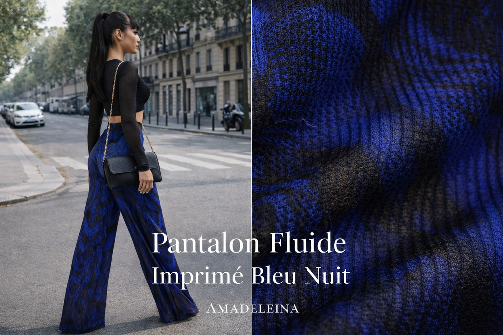 PANTALON FLUIDE IMPRIMÉ NOIR BLEU - AMADELEINA