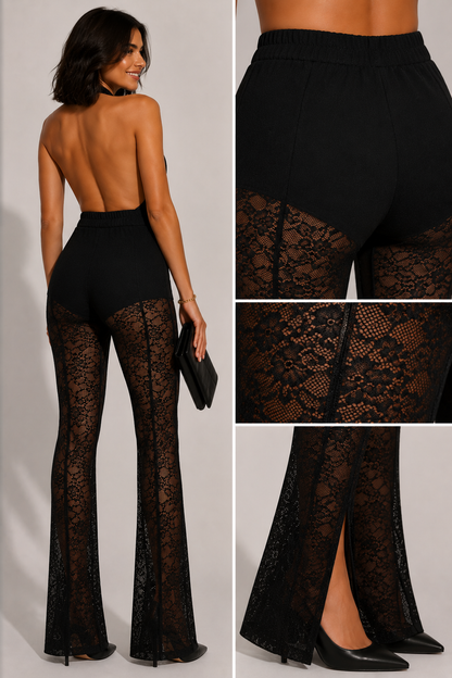 Pantalon noir en dentelle florale transparente.