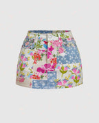 MINI-JUPE JEANS PATCHWORK FLORALE AMADELEINA