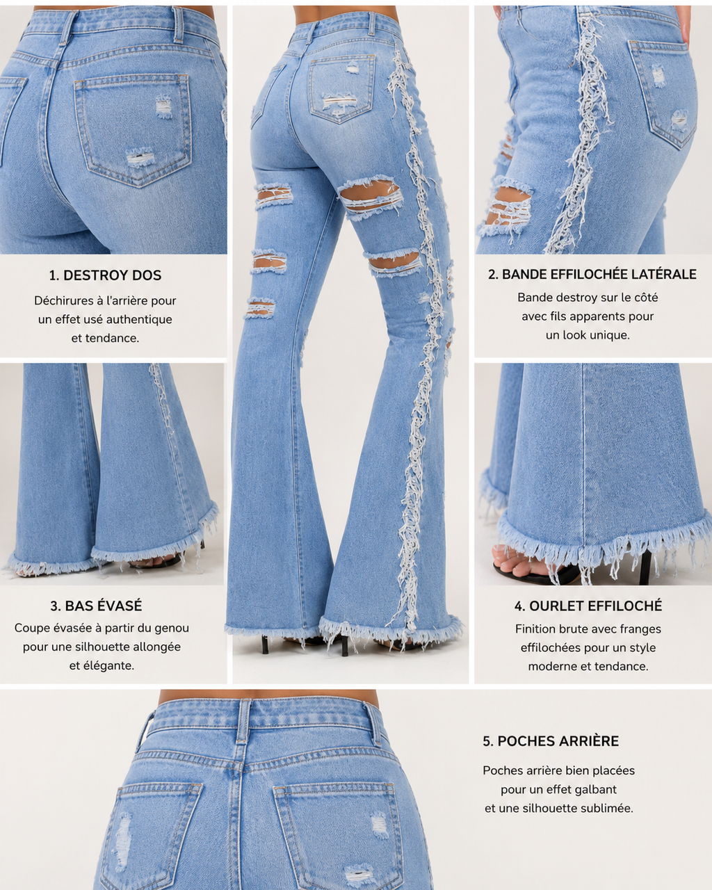 JEANS BLEU FRANCHES DESTROY - AMADELEINA