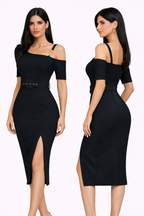 ROBE NOIRE MI-LONGUE ÉPAULE DÉNUDÉ AMADELEINA