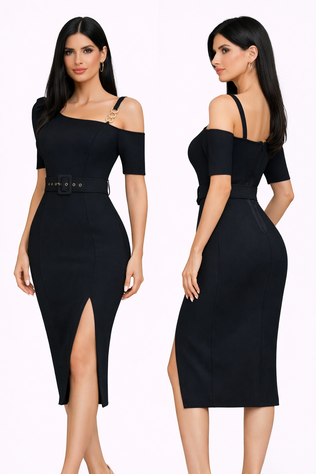 ROBE NOIRE MI-LONGUE ÉPAULE DÉNUDÉ AMADELEINA