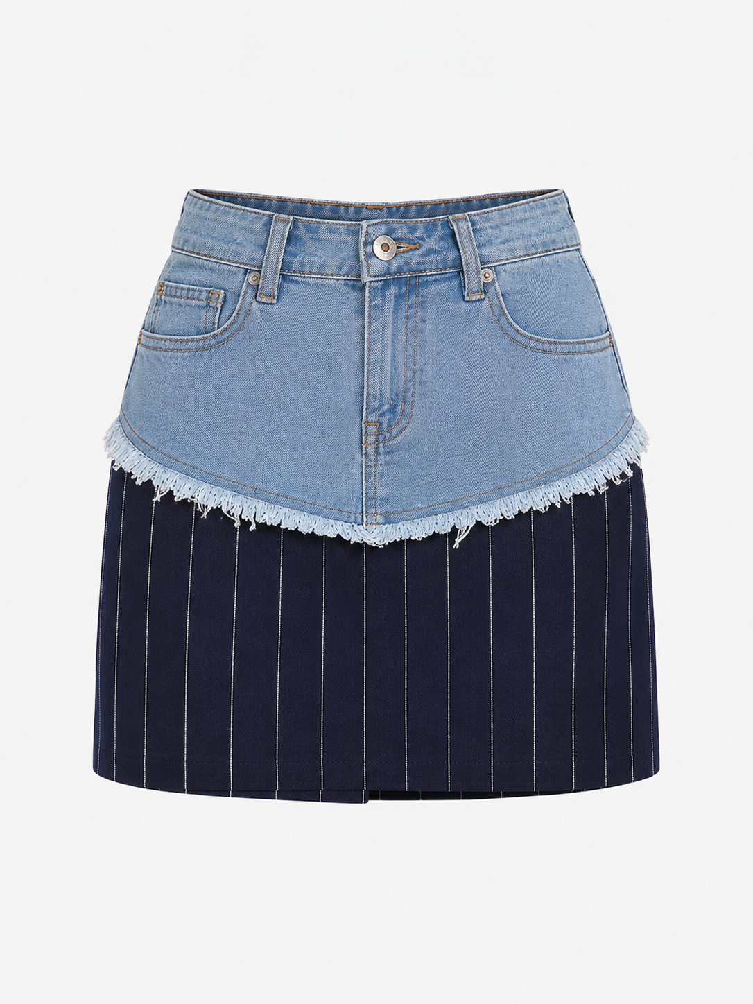 MINI-JUPE JEANS BLEU & TAILLEUR  RAYURES AMADELEINA