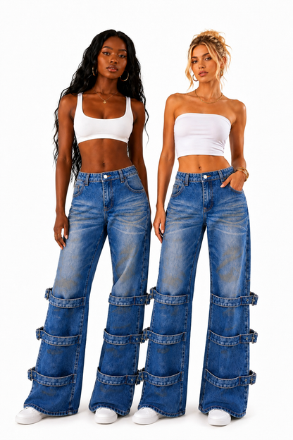 JEANS BLEU À SANGLES AMPLE ET DROITE – AMADELEINA