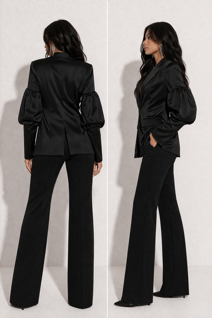 Blazer Noir Satiné Manches moitié Bouffantes