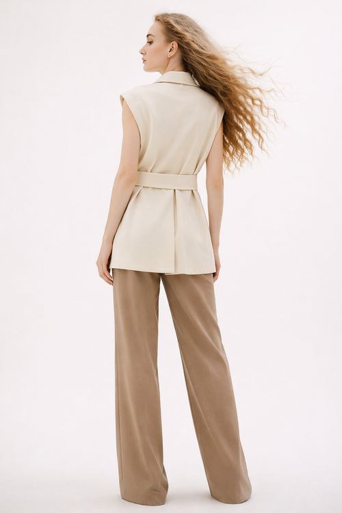 Blazer femme sans manches ceinturé – Nude élégance