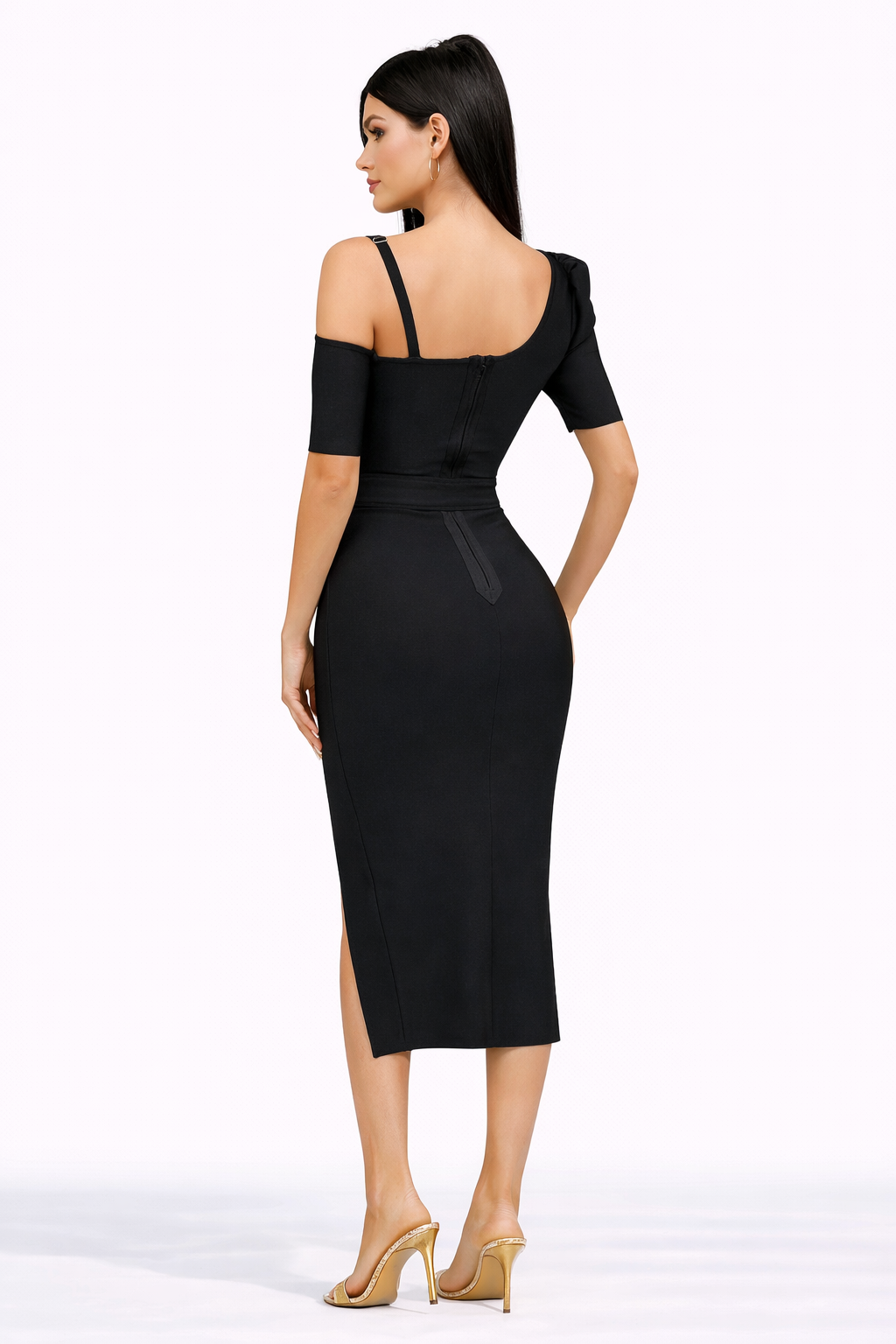 ROBE NOIRE MI-LONGUE ÉPAULE DÉNUDÉ AMADELEINA