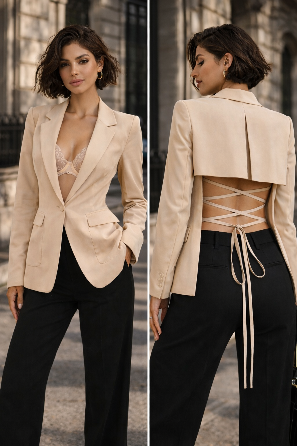 Blazer Lin Longues Manches Femme Dos Ouvert Lacets Nude ou Noir