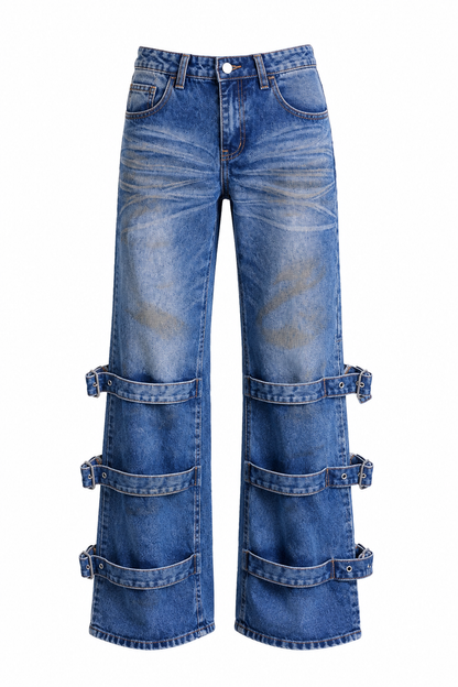 JEANS BLEU À SANGLES AMPLE ET DROITE – AMADELEINA
