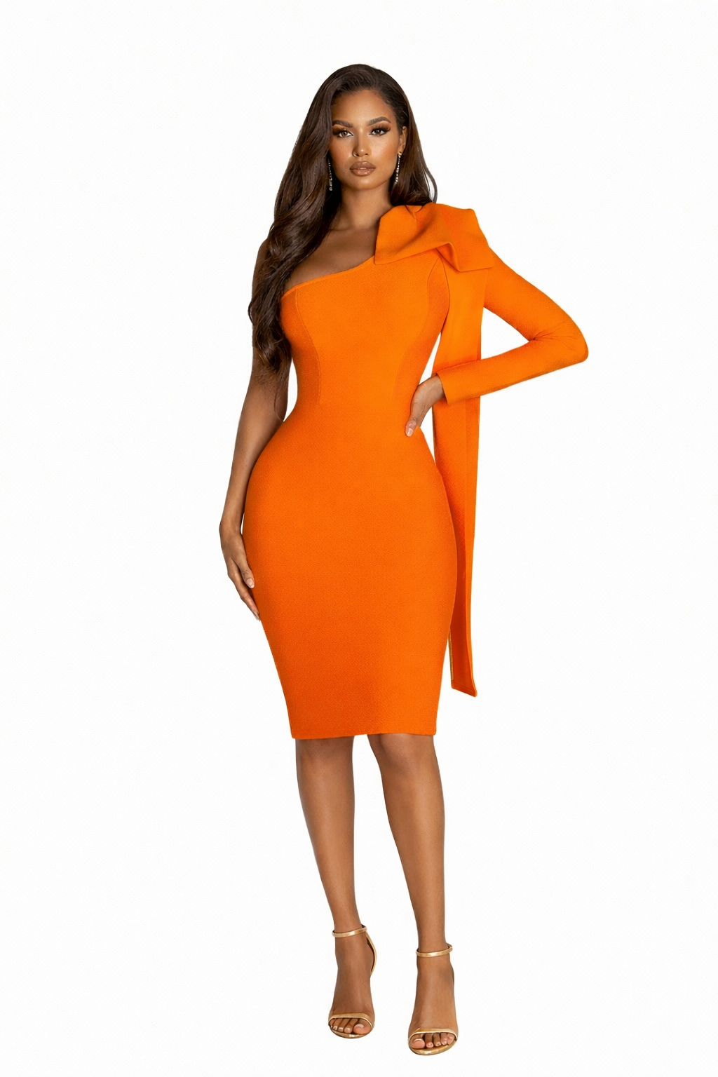 ROBE MI-LONGUE BLEU, ROUGE, ORANGE  ÉPAULE DÉNUDÉ AMADELEINA