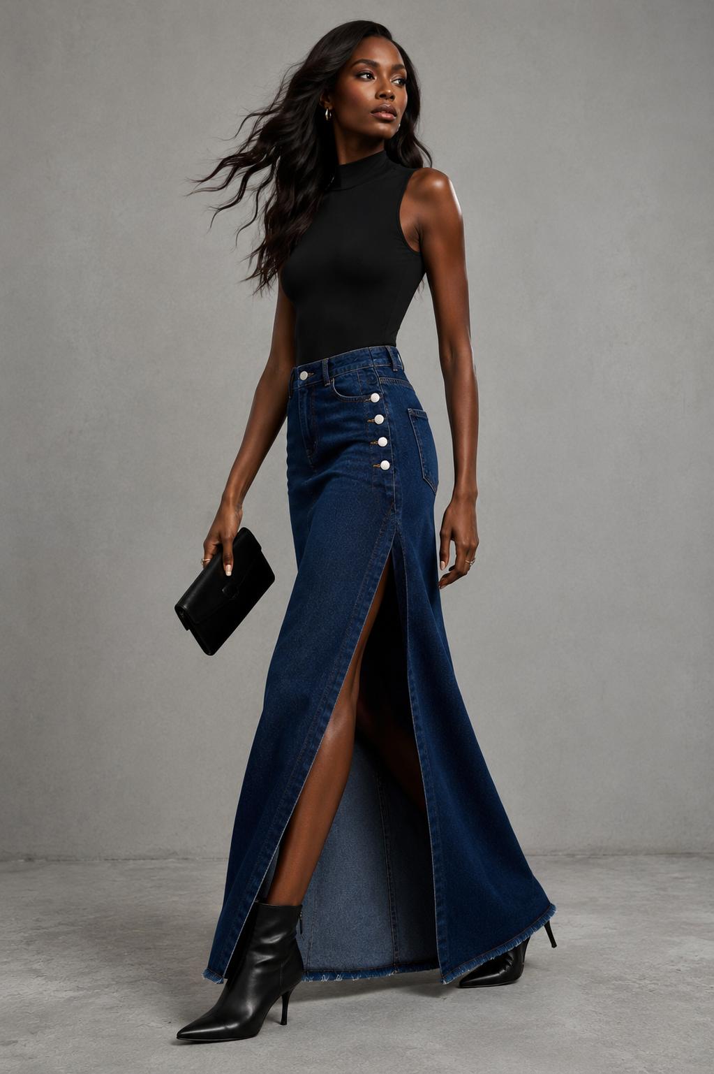 JUPE JEANS LONGUE BLEU   FONCÉ FENTE LATÉRALE - AMADELEINA