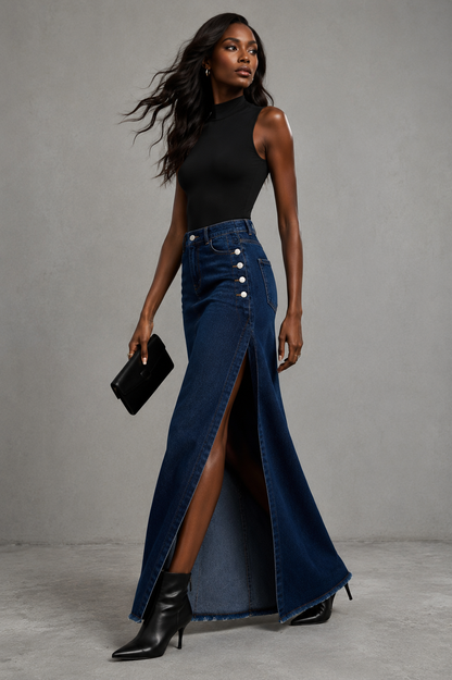 JUPE JEANS LONGUE BLEU   FONCÉ FENTE LATÉRALE - AMADELEINA