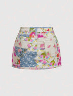MINI-JUPE JEANS PATCHWORK FLORALE AMADELEINA