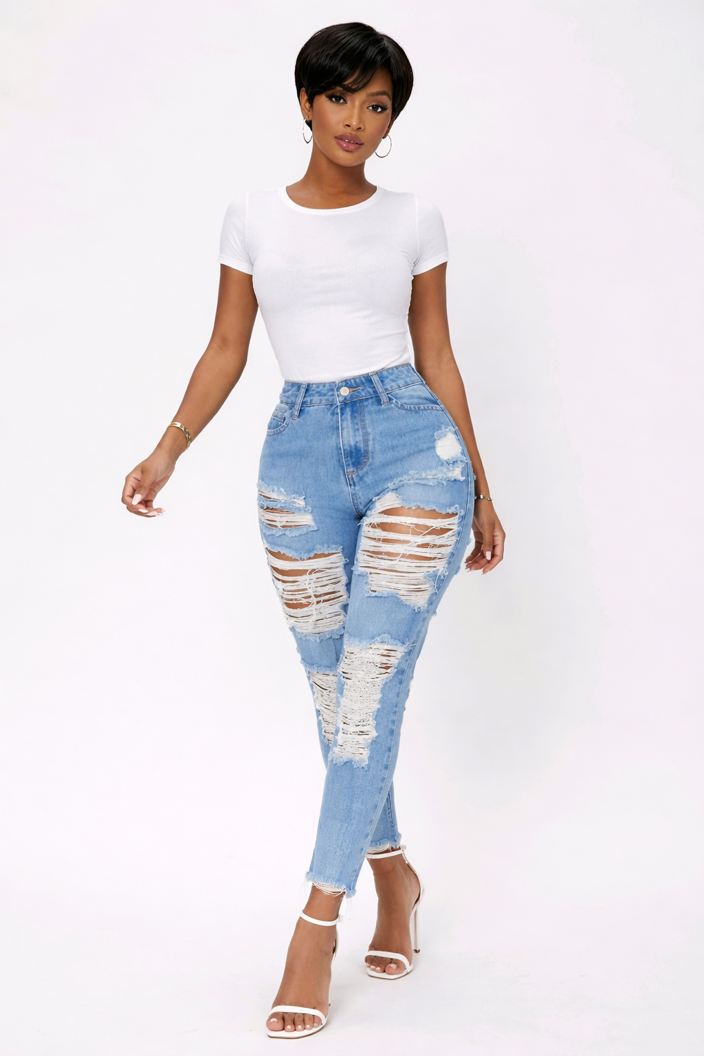 JEANS  BLEU  PANTACOURT 7/8 DESTROY - AMADELEINA