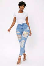 JEANS  BLEU  PANTACOURT 7/8 DESTROY - AMADELEINA